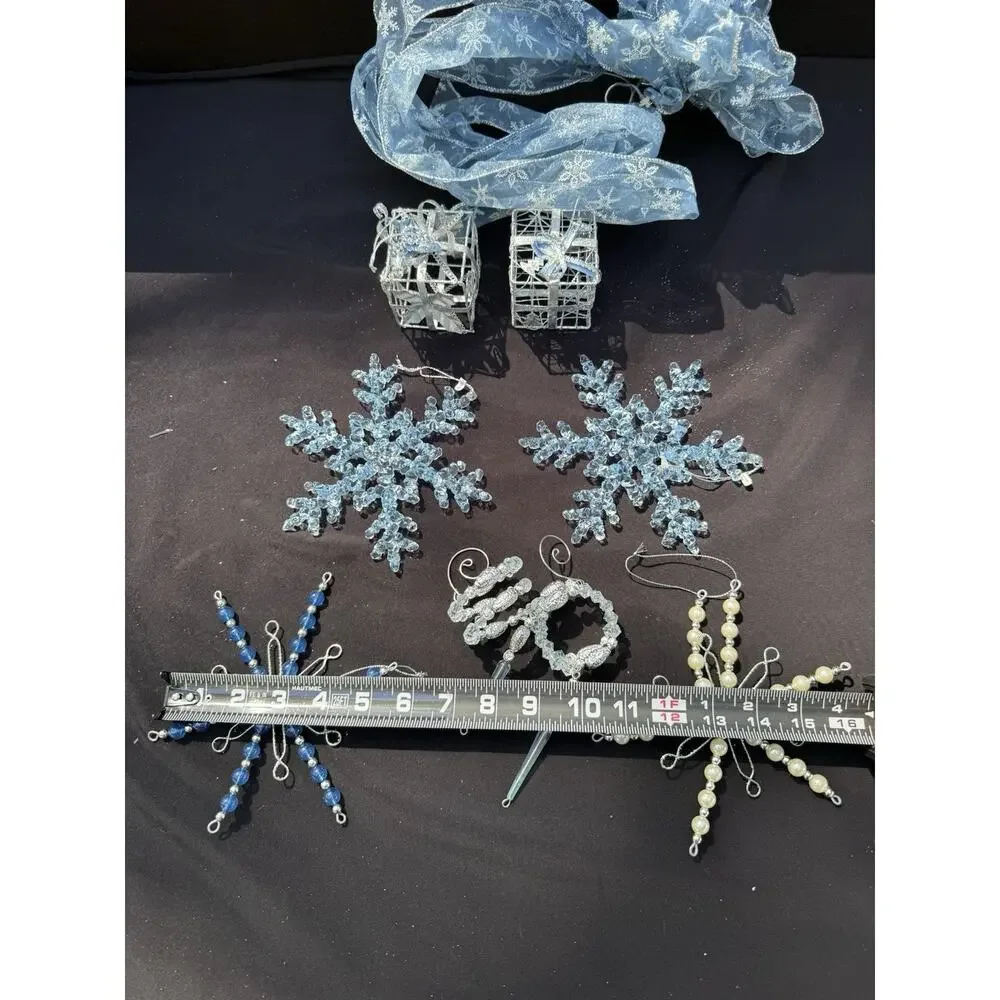 Beautiful Ice Blue Christmas Ornament Lot Snowflakes Bows & More! S1